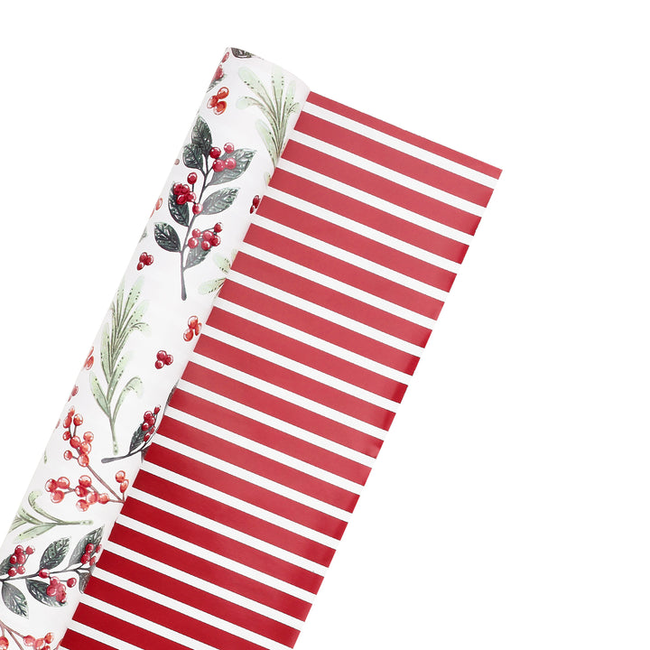 30" x 10' Holiday Reversible Wrapping Paper | Greens and Berries/Red and White Stripe