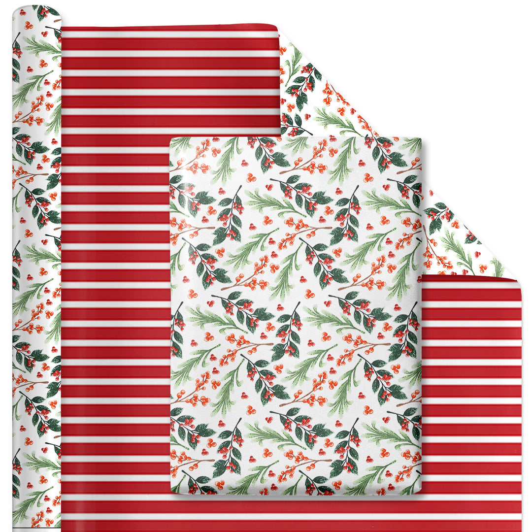 30" x 10' Holiday Reversible Wrapping Paper | Greens and Berries/Red and White Stripe