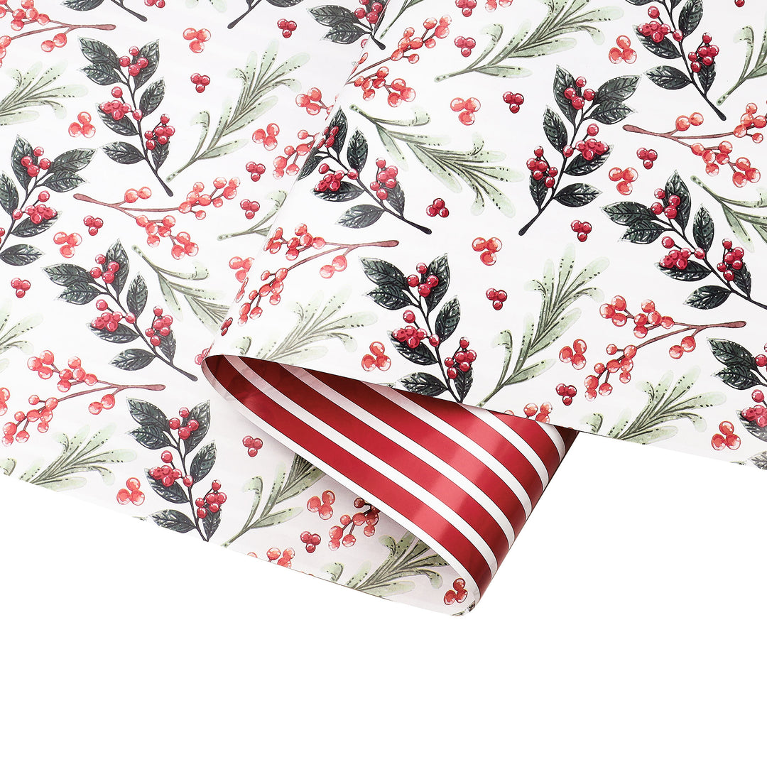 30" x 10' Holiday Reversible Wrapping Paper | Greens and Berries/Red and White Stripe