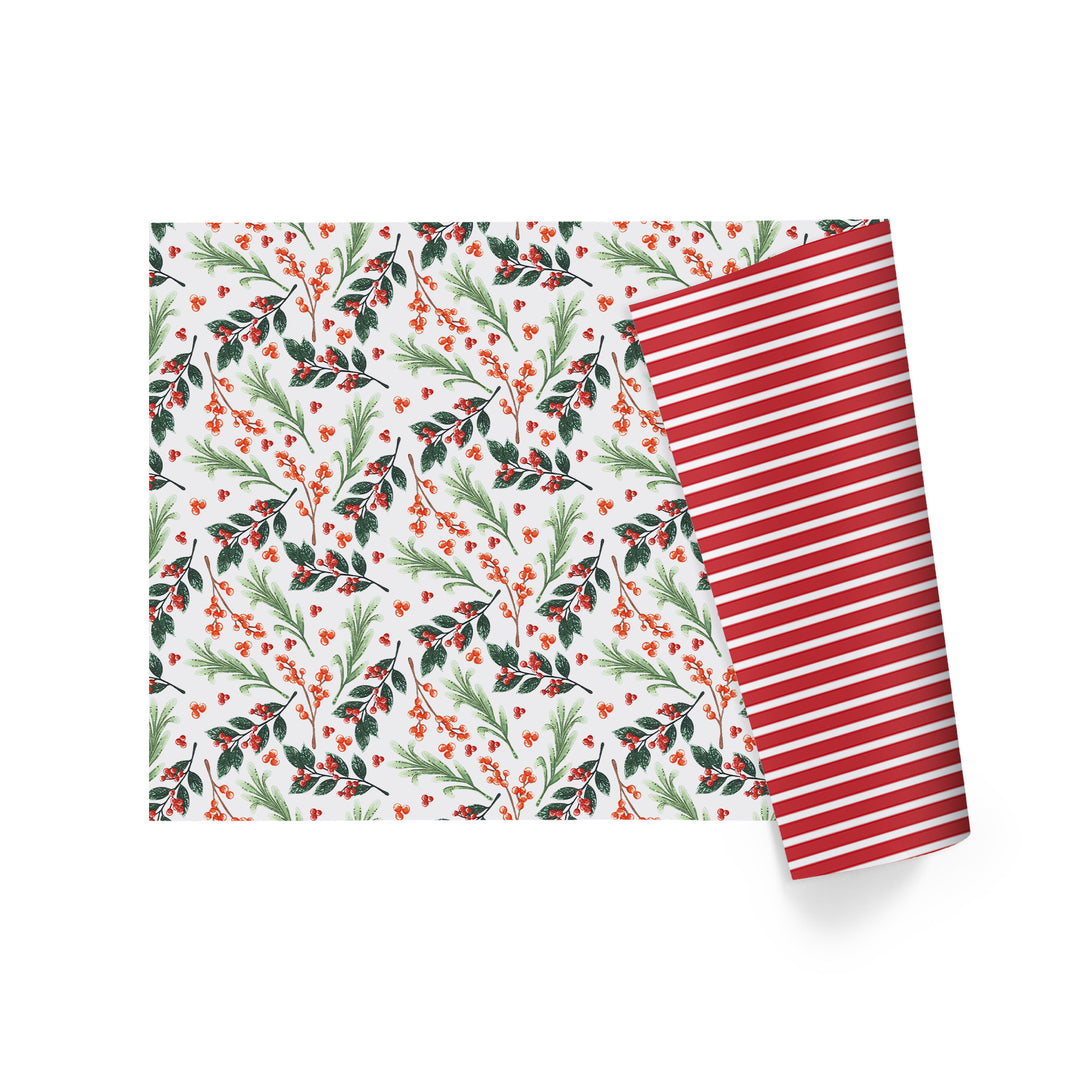 30" x 10' Holiday Reversible Wrapping Paper | Greens and Berries/Red and White Stripe