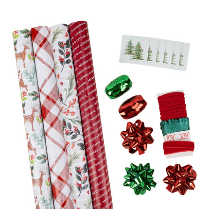 30" x 10' Holiday Giftwrap Ensemble w/ Star Bow & Tags (4-pack) | Doe a Deer LaRibbons and Crafts