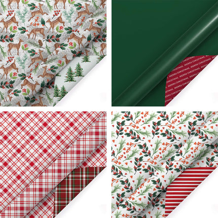 30" x 10' Holiday Reversible Wrapping Paper Bundle (4-pack) | Doe a Deer LaRibbons and Crafts