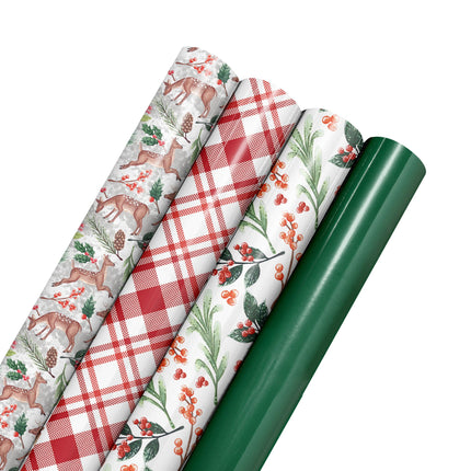 30" x 10' Holiday Reversible Wrapping Paper Bundle (4-pack) | Doe a Deer LaRibbons and Crafts