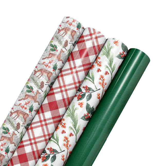 30" x 10' Holiday Reversible Wrapping Paper Bundle (4-pack) | Doe a Deer LaRibbons and Crafts