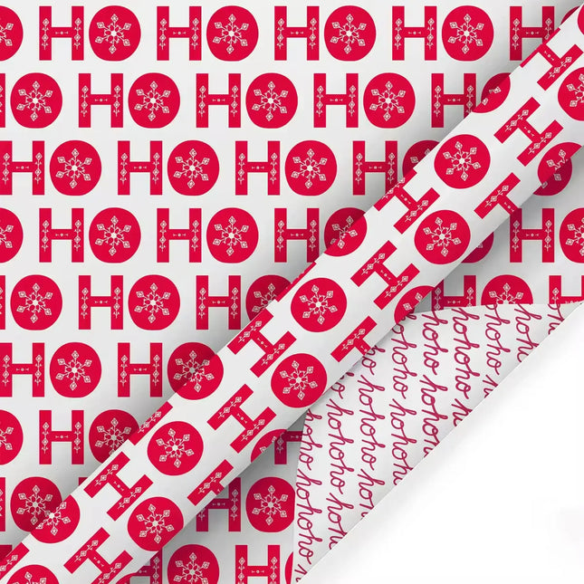 30" x 10' Holiday Reversible Wrapping Paper, red "HO HO HO" snowflake print with script reverse