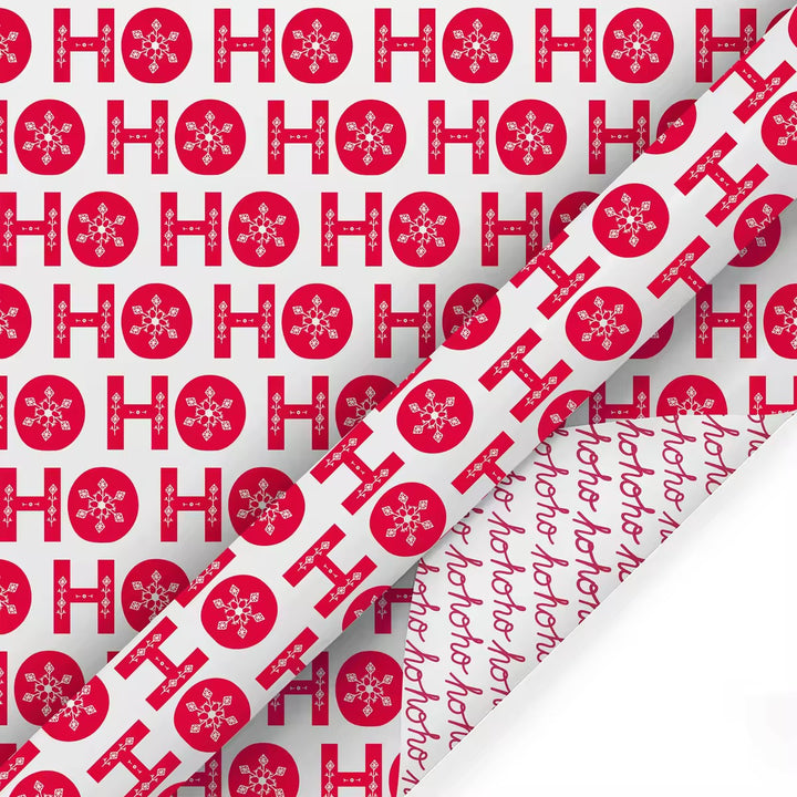 30" x 10’ Holiday Reversible Wrapping Paper | Ho Ho Flake/ Ho Ho Cursive