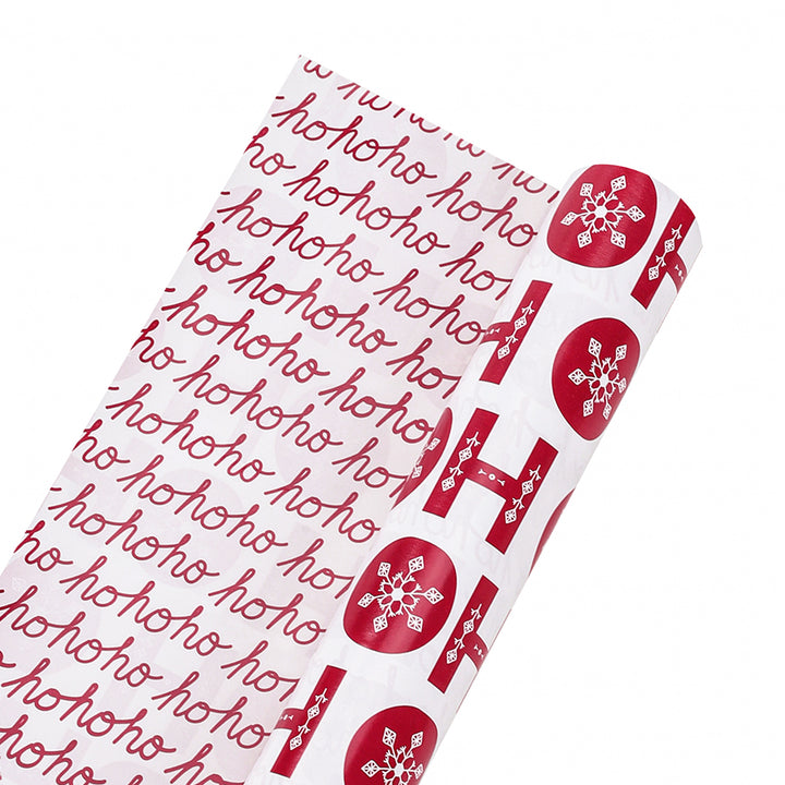 30" x 10’ Holiday Reversible Wrapping Paper | Ho Ho Flake/ Ho Ho Cursive