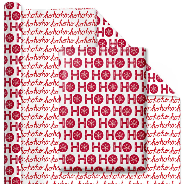 30" x 10' Christmas Reversible Wrapping Paper, festive "HO HO HO" design & red script back