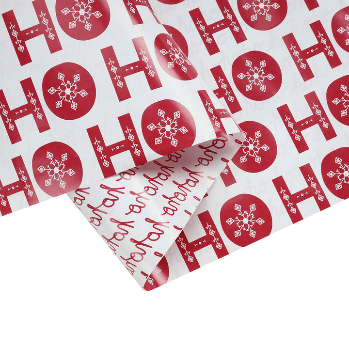 30" x 10’ Holiday Reversible Wrapping Paper | Ho Ho Flake/ Ho Ho Cursive