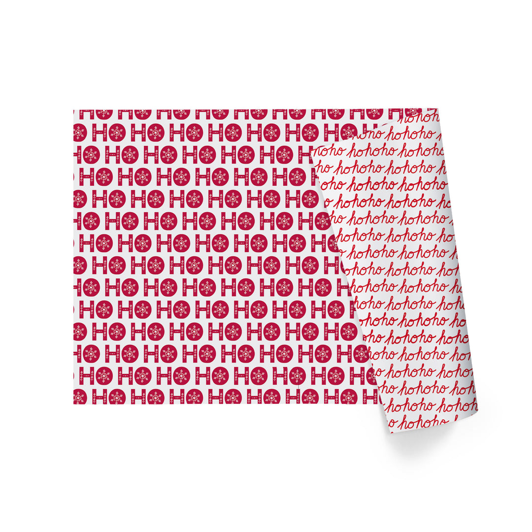 30" x 10’ Holiday Reversible Wrapping Paper | Ho Ho Flake/ Ho Ho Cursive