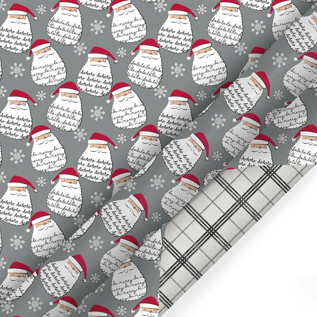 30" x 10' Holiday Reversible Wrapping Paper, gray Santa Claus print with plaid reverse