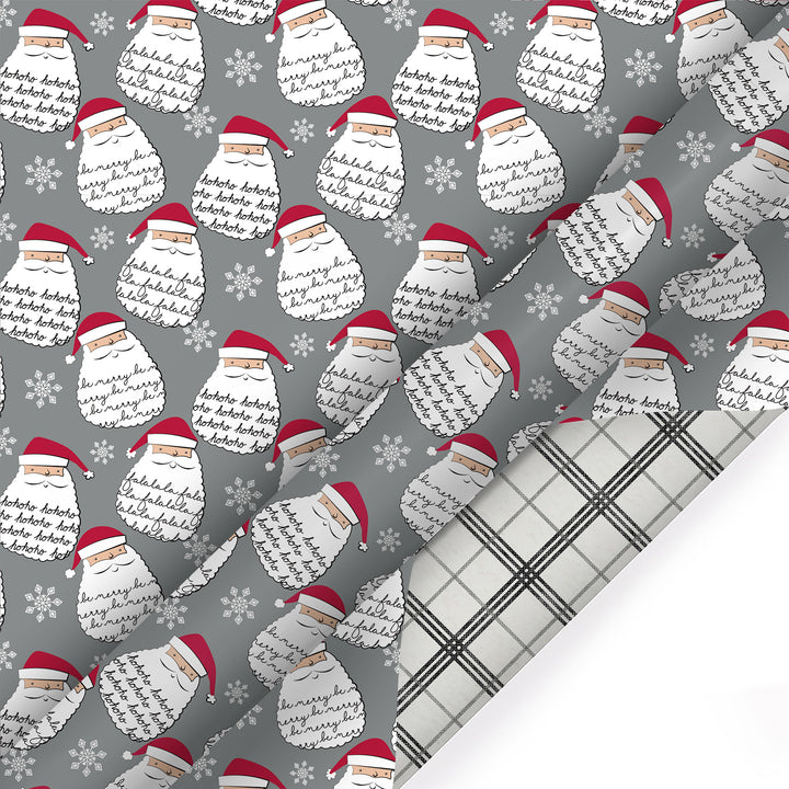 30" x 10' Holiday Reversible Wrapping Paper | Merry Santa Face/Black and White Plaid