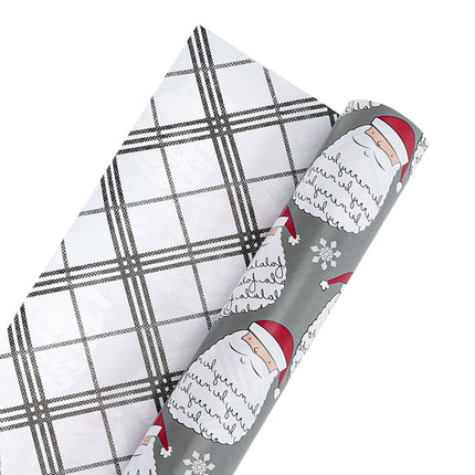 30" x 10' Holiday Reversible Wrapping Paper | Merry Santa Face/Black and White Plaid LaRibbons and Crafts
