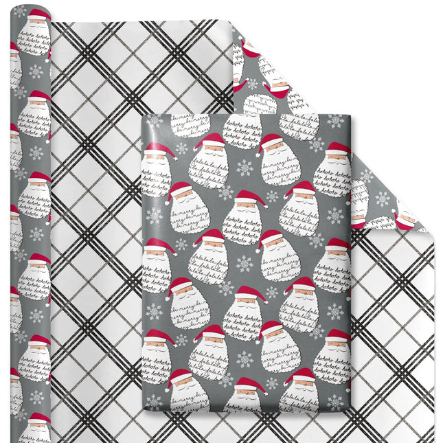 30" x 10' Christmas Reversible Wrapping Paper, festive Santa & snowflake design with plaid back