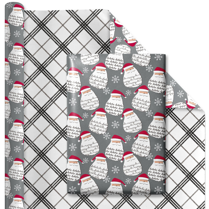 30" x 10' Holiday Reversible Wrapping Paper | Merry Santa Face/Black and White Plaid