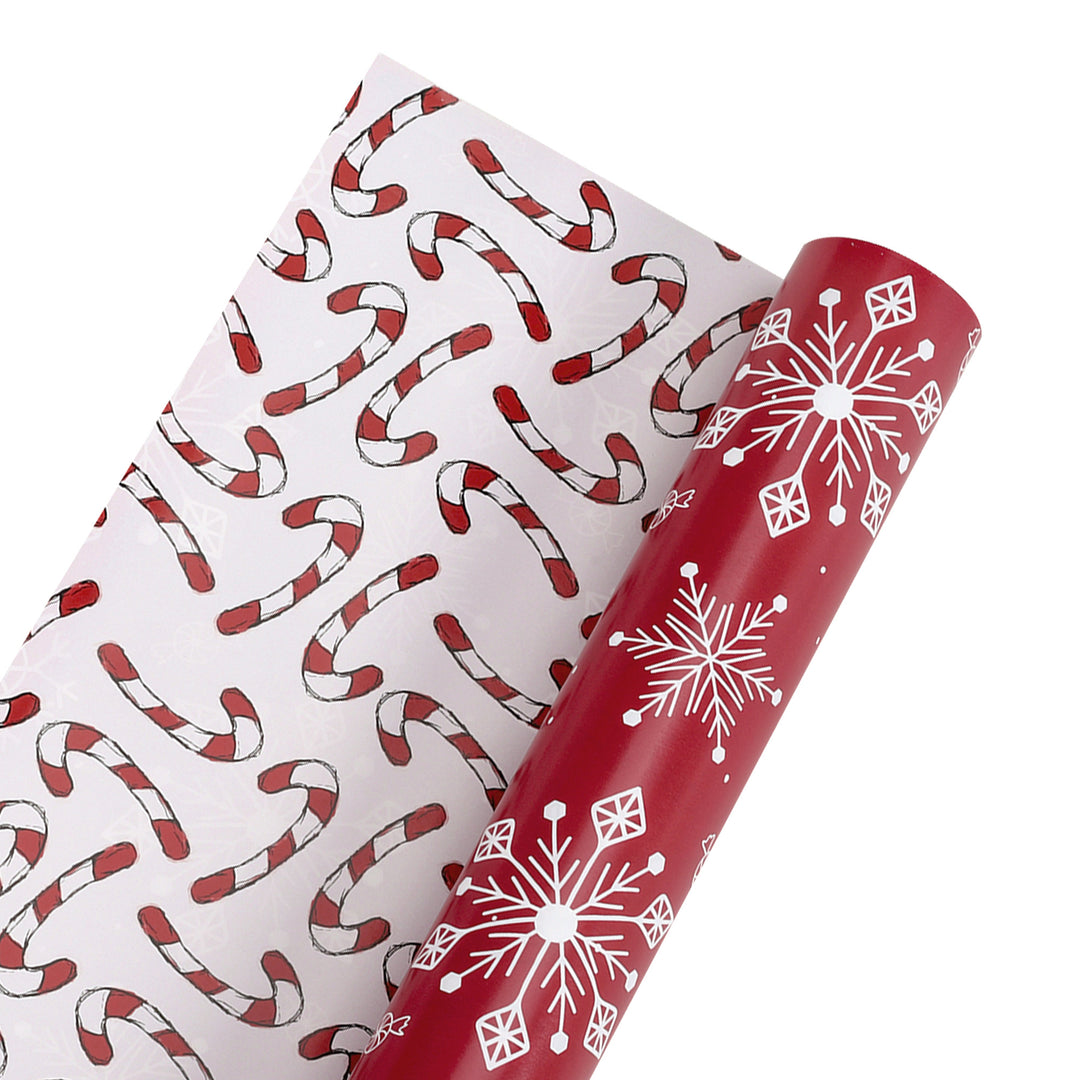 30" x 10’ Holiday Reversible Wrapping Paper | Assorted Snowflake on Red/Multi Candy Cane