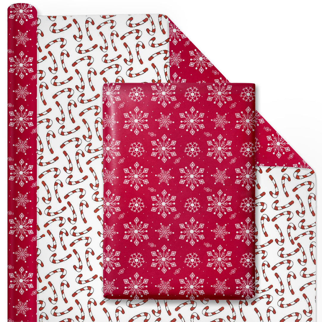 30" x 10’ Holiday Reversible Wrapping Paper | Assorted Snowflake on Red/Multi Candy Cane