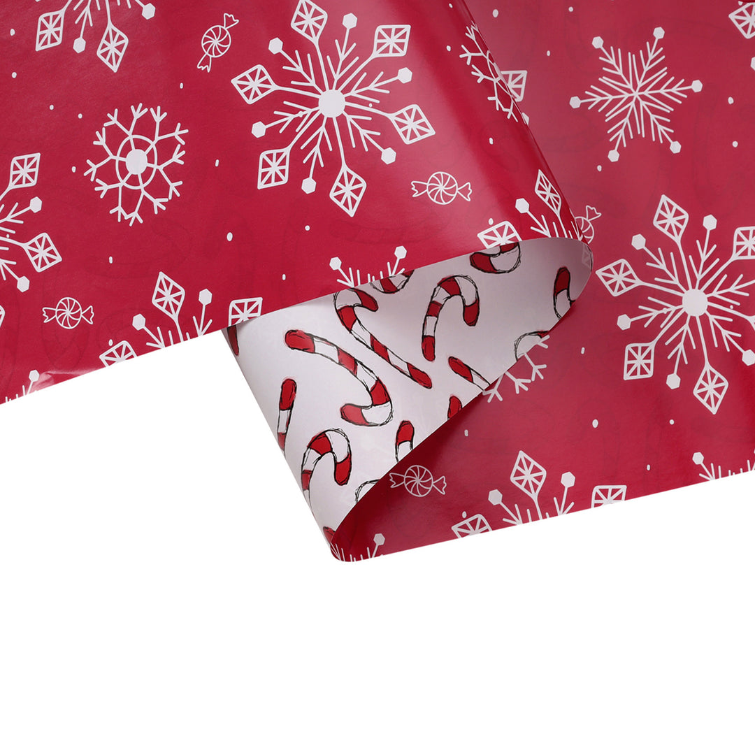 30" x 10’ Holiday Reversible Wrapping Paper | Assorted Snowflake on Red/Multi Candy Cane