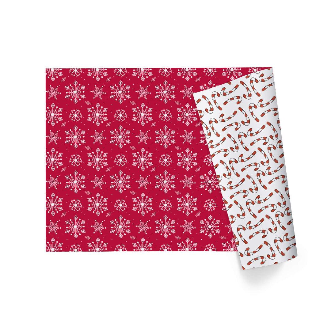 30" x 10’ Holiday Reversible Wrapping Paper | Assorted Snowflake on Red/Multi Candy Cane