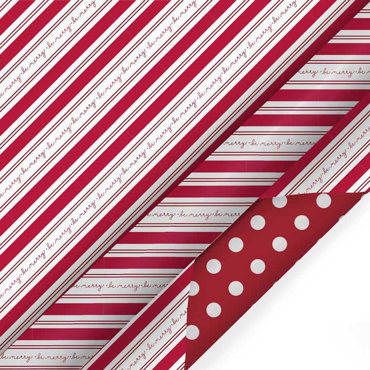 30" x 10' Holiday Reversible Wrapping Paper | Be Merry Candy Stripe/White Polka Dot on Red