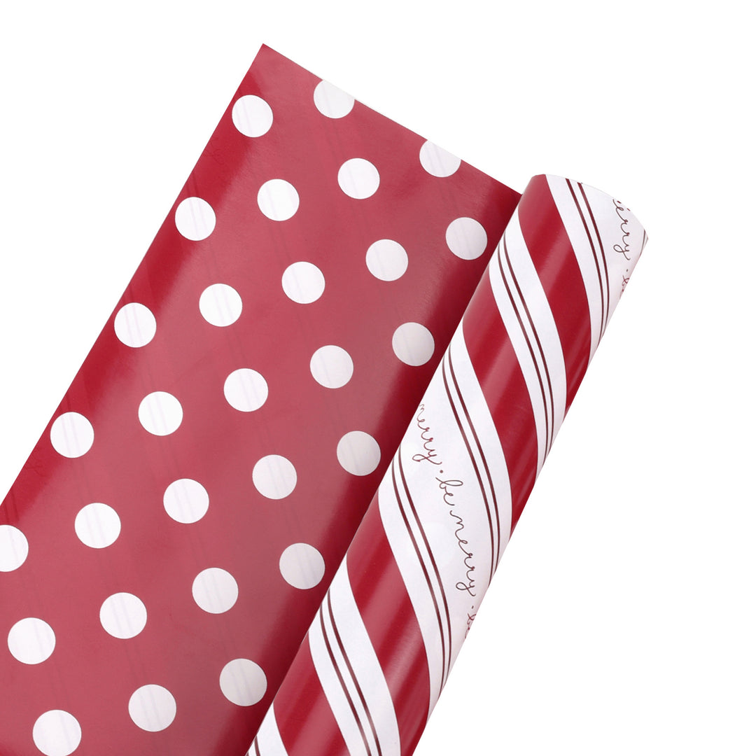 30" x 10' Holiday Reversible Wrapping Paper | Be Merry Candy Stripe/White Polka Dot on Red