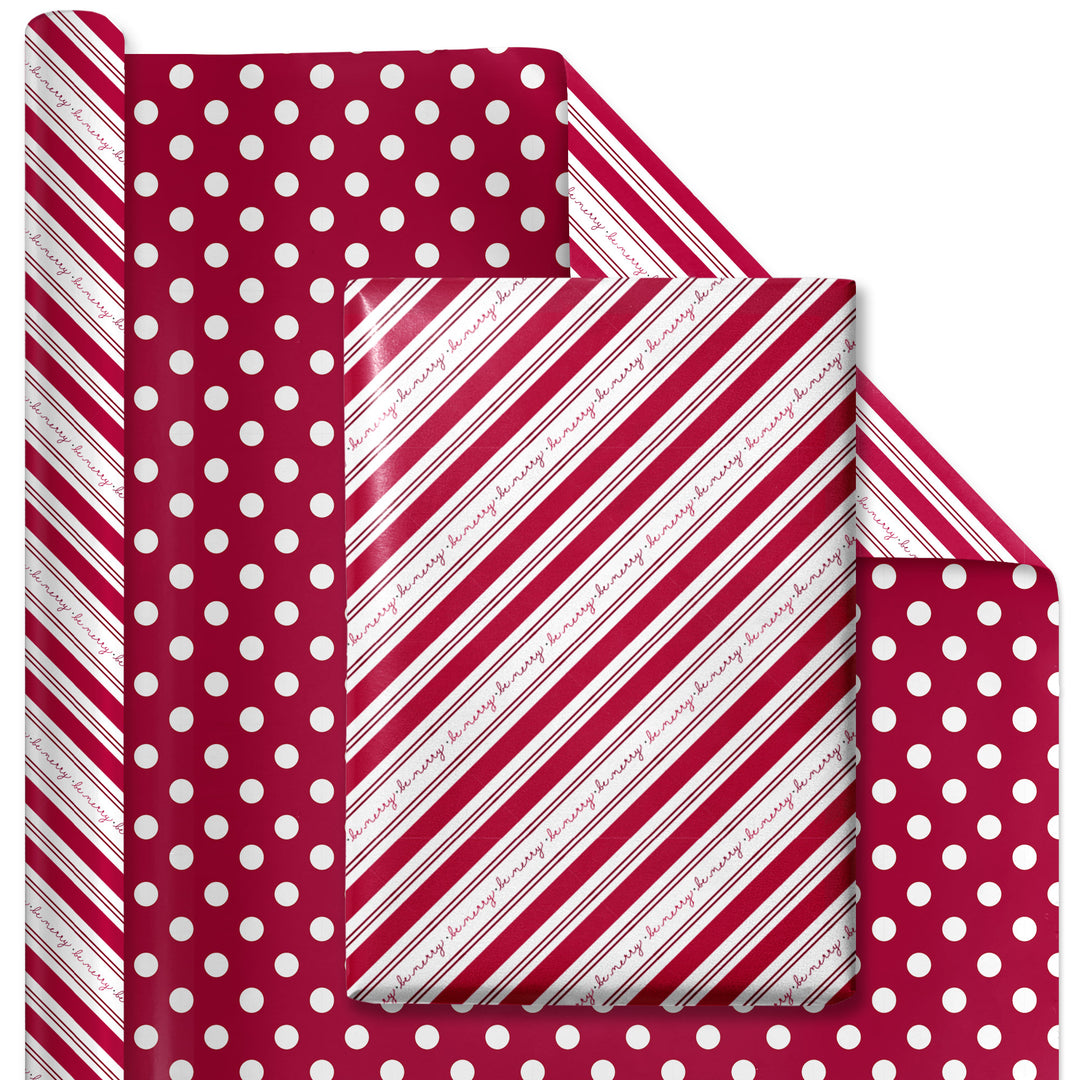 30" x 10' Holiday Reversible Wrapping Paper | Be Merry Candy Stripe/White Polka Dot on Red