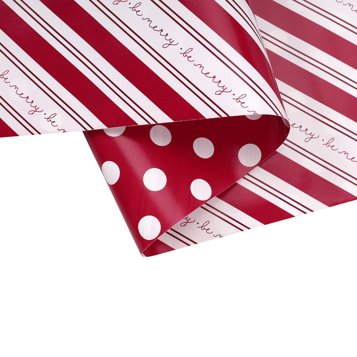 30" x 10' Holiday Reversible Wrapping Paper | Be Merry Candy Stripe/White Polka Dot on Red