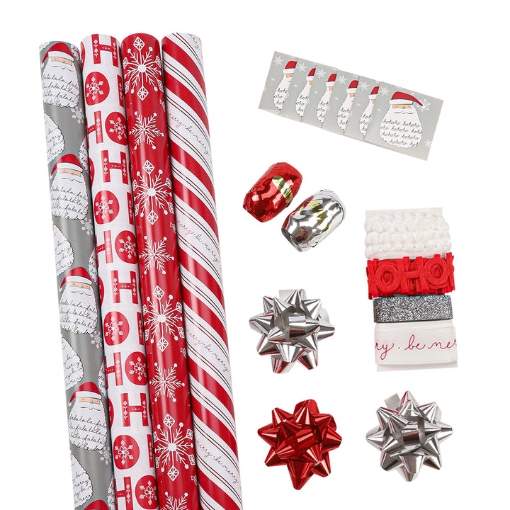 LaRibbons 30" x 10' Christmas Holiday Reversible Gift Wrap Kit | Merry Ho Ho