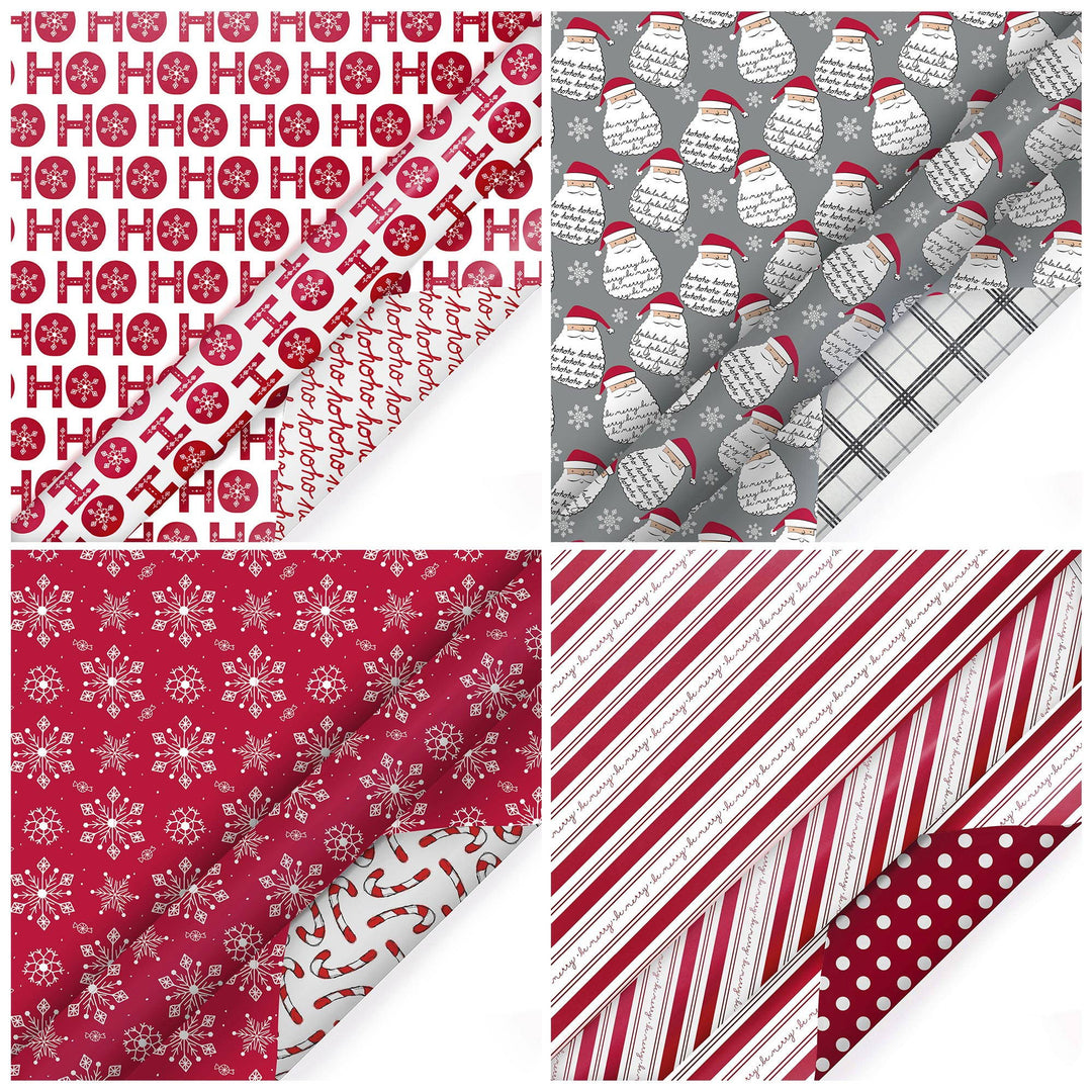 LaRibbons 30" x 10' Christmas Reversible Wrapping Paper Bundle (4-pack) | Merry Santa Ho Ho