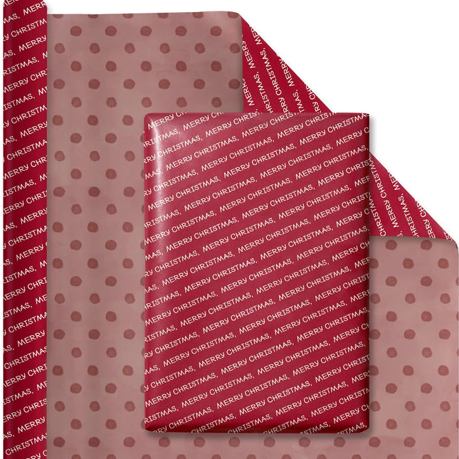 30" x 10' Christmas Reversible Wrapping Paper, festive "Merry Christmas" text design & red watercolor dot back