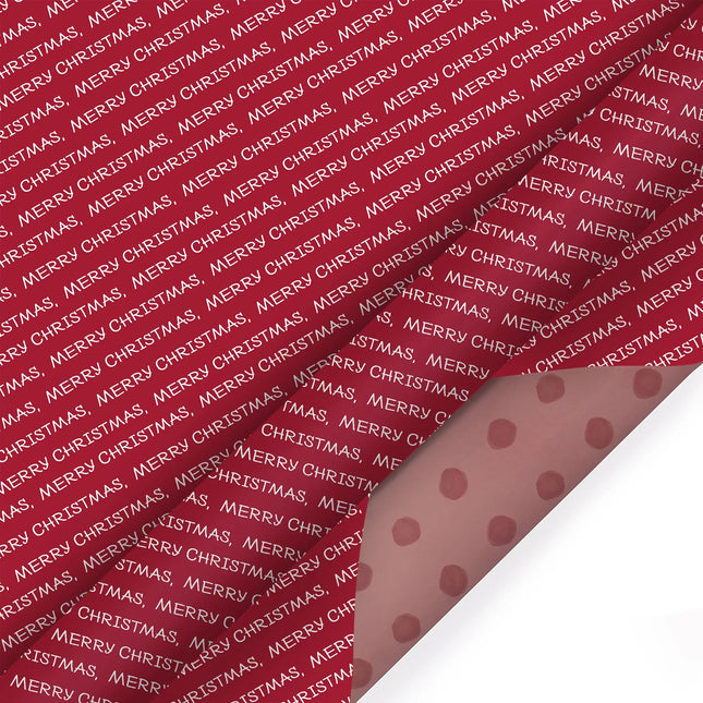 30" x 10' Holiday Reversible Wrapping Paper, "Merry Christmas" white on red print with red watercolor polka dot reverse
