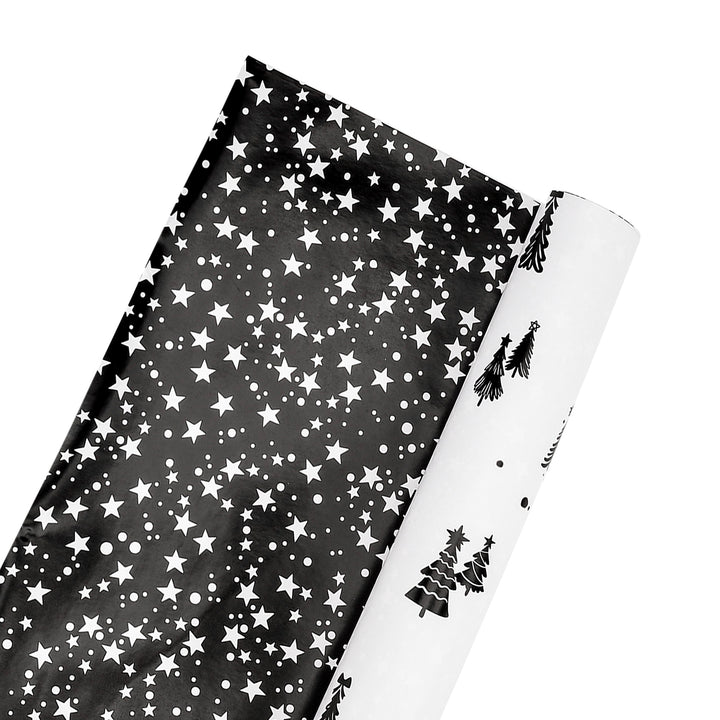 30" x 10' Holiday Reversible Wrapping Paper | Black and White Winter Trees/White Stars on Black