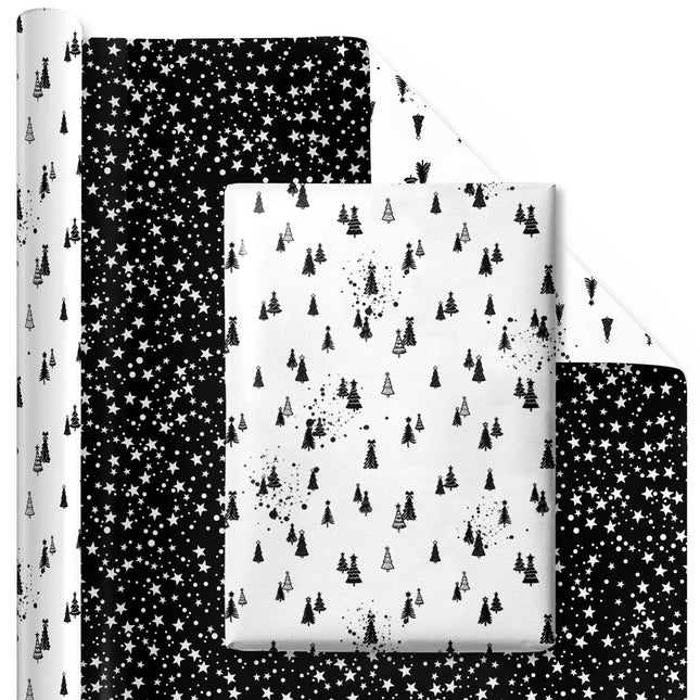 30" x 10' Christmas Reversible Wrapping Paper, whimsical tree pattern & starry black back