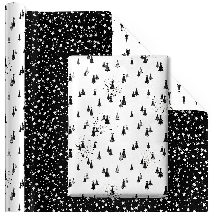 30" x 10' Holiday Reversible Wrapping Paper | Black and White Winter Trees/White Stars on Black