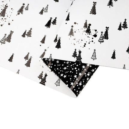 30" x 10' Reversible Holiday Gift Wrap, monochrome tree design with white star print, for seasonal gift packaging