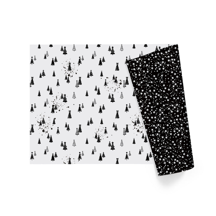 30" x 10' Holiday Reversible Wrapping Paper | Black and White Winter Trees/White Stars on Black