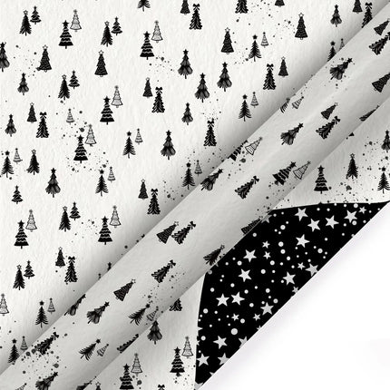 30" x 10' Holiday Reversible Wrapping Paper, black white winter tree print with white star reverse