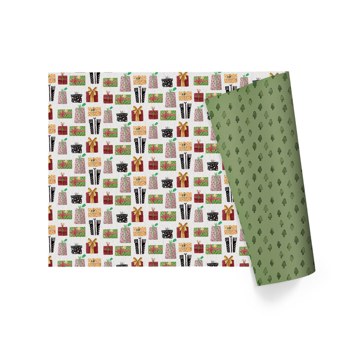 30" x 10' Holiday Reversible Wrapping Paper | Watercolor Presents/Green Watercolor Trees