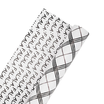30" x 10' Christmas Wrapping Paper, reversible black white grey plaid and "FA LA LA" print