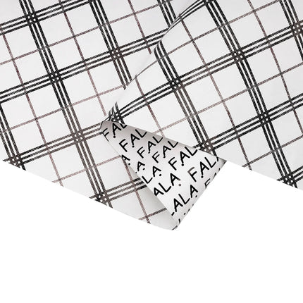 30" x 10' Reversible Holiday Gift Wrap, monochrome plaid pattern with "FA LA LA" text