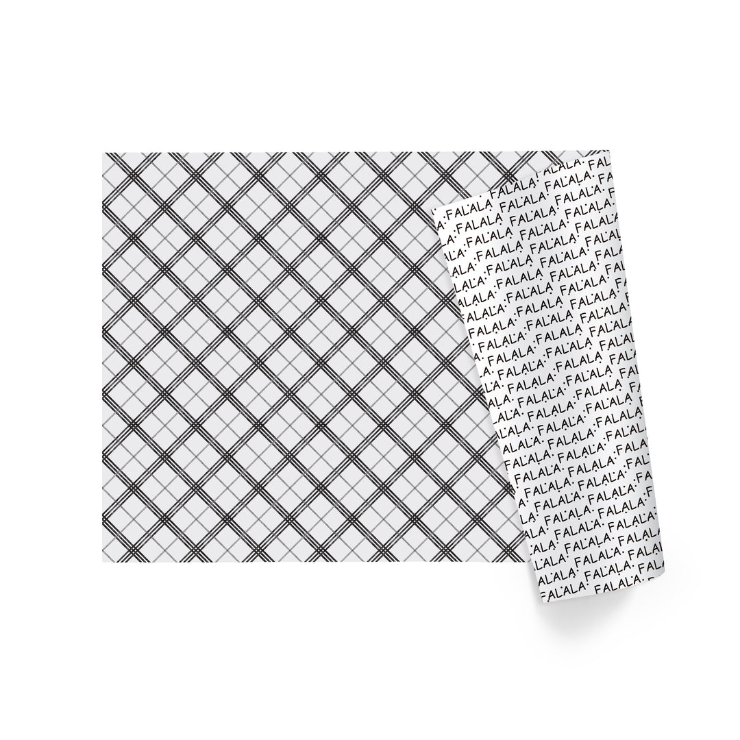 30" x 10' Holiday Reversible Wrapping Paper | Black, Grey and White Plaid/FA LA LA