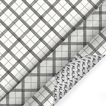 30" x 10' Holiday Reversible Wrapping Paper, black grey white plaid with "FA LA LA" print reverse
