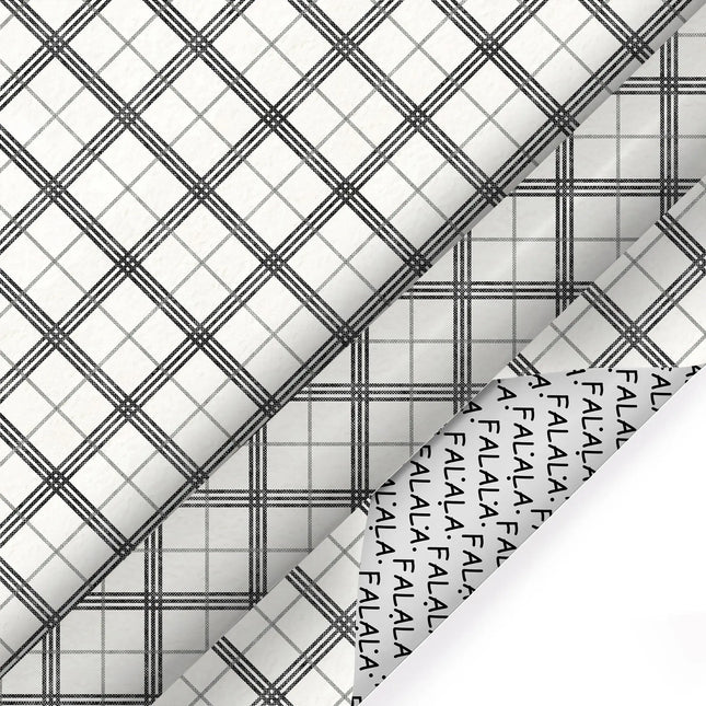 30" x 10' Holiday Reversible Wrapping Paper, black grey white plaid with "FA LA LA" print reverse