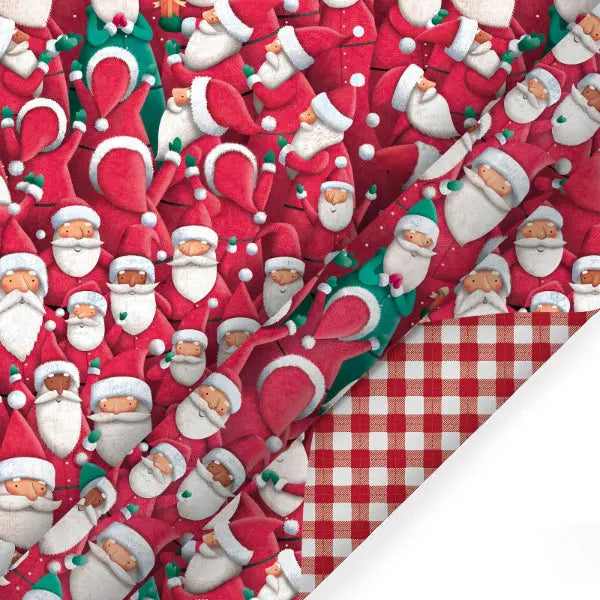 30" x 10' Holiday Reversible Wrapping Paper, joyful Santa bunch print with red white buffalo plaid reverse