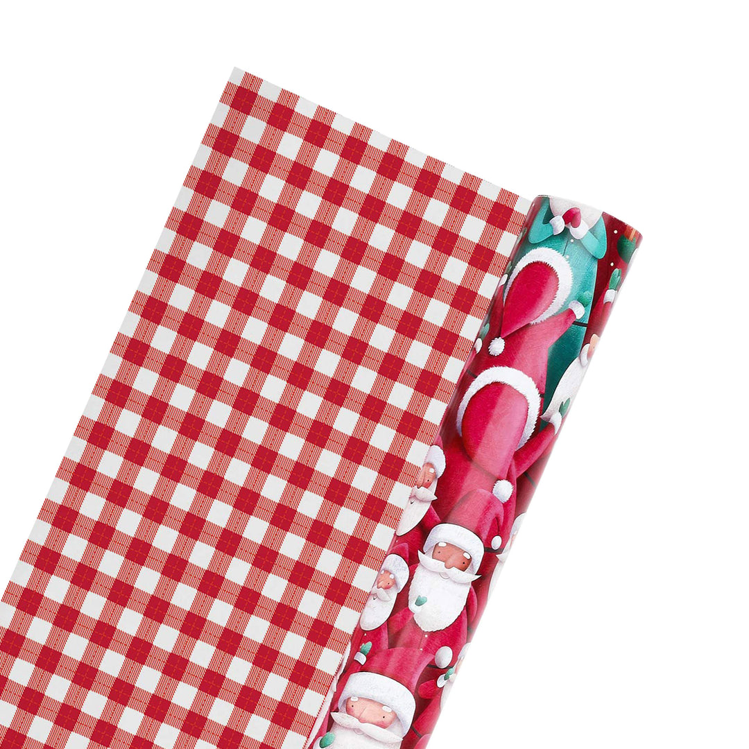 30" x 10' Holiday Reversible Wrapping Paper | Joyful Santa Bunch/Red and White Buffalo Plaid