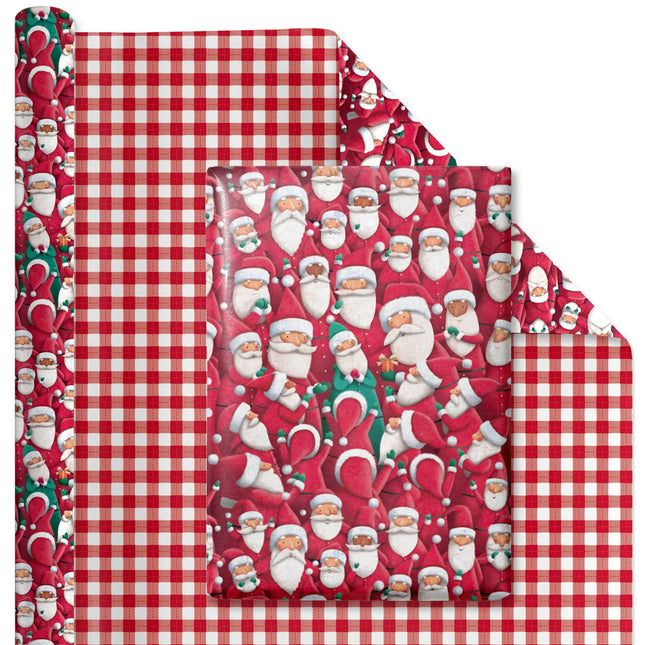 30" x 10' Christmas Reversible Wrapping Paper, festive Santa crowd design & gingham back