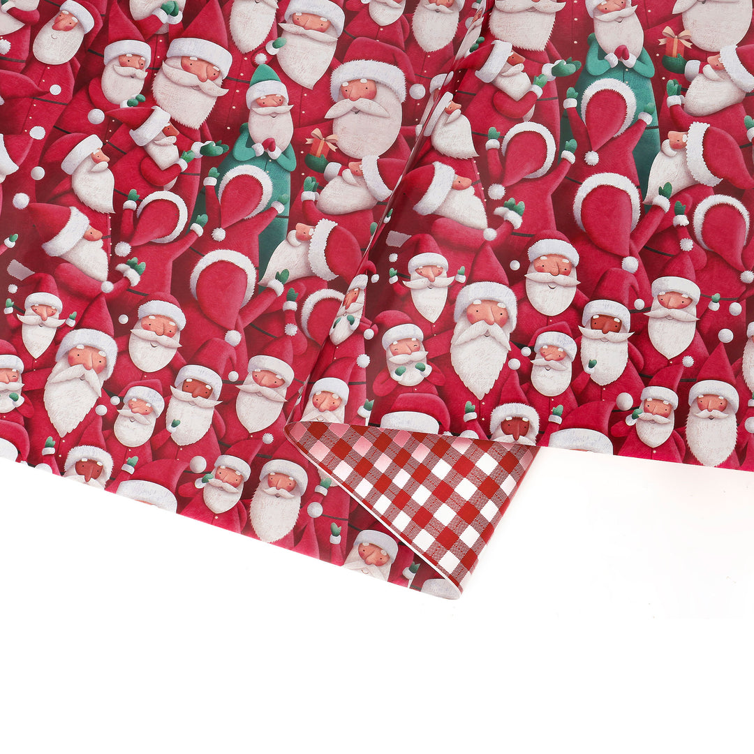 30" x 10' Holiday Reversible Wrapping Paper | Joyful Santa Bunch/Red and White Buffalo Plaid