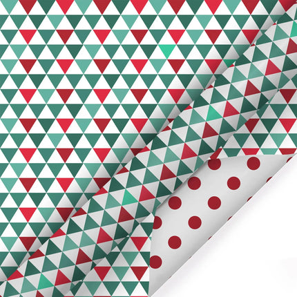 30" x 10' Holiday Reversible Wrapping Paper, red green triangle print with red polka dot reverse