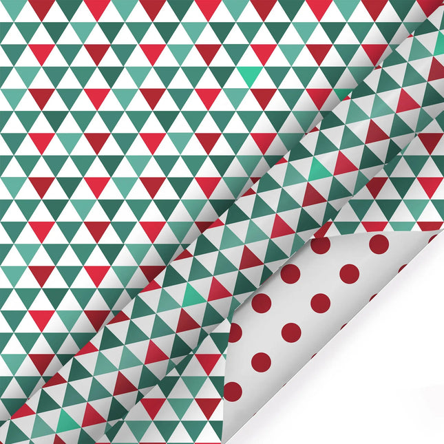 30" x 10' Holiday Reversible Wrapping Paper, red green triangle print with red polka dot reverse