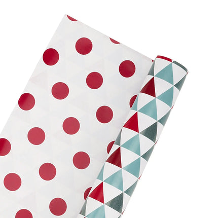 30" x 10' Christmas Wrapping Paper, reversible triangle and polka dot, for festive holiday presents